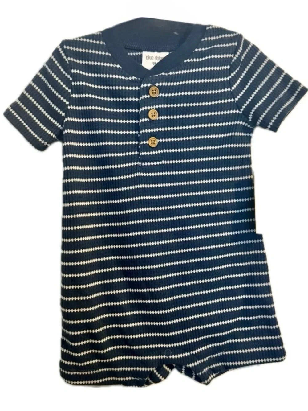 Okie Dokie Baby Boys Short Sleeve Blue White Striped Romper 9m NWT
